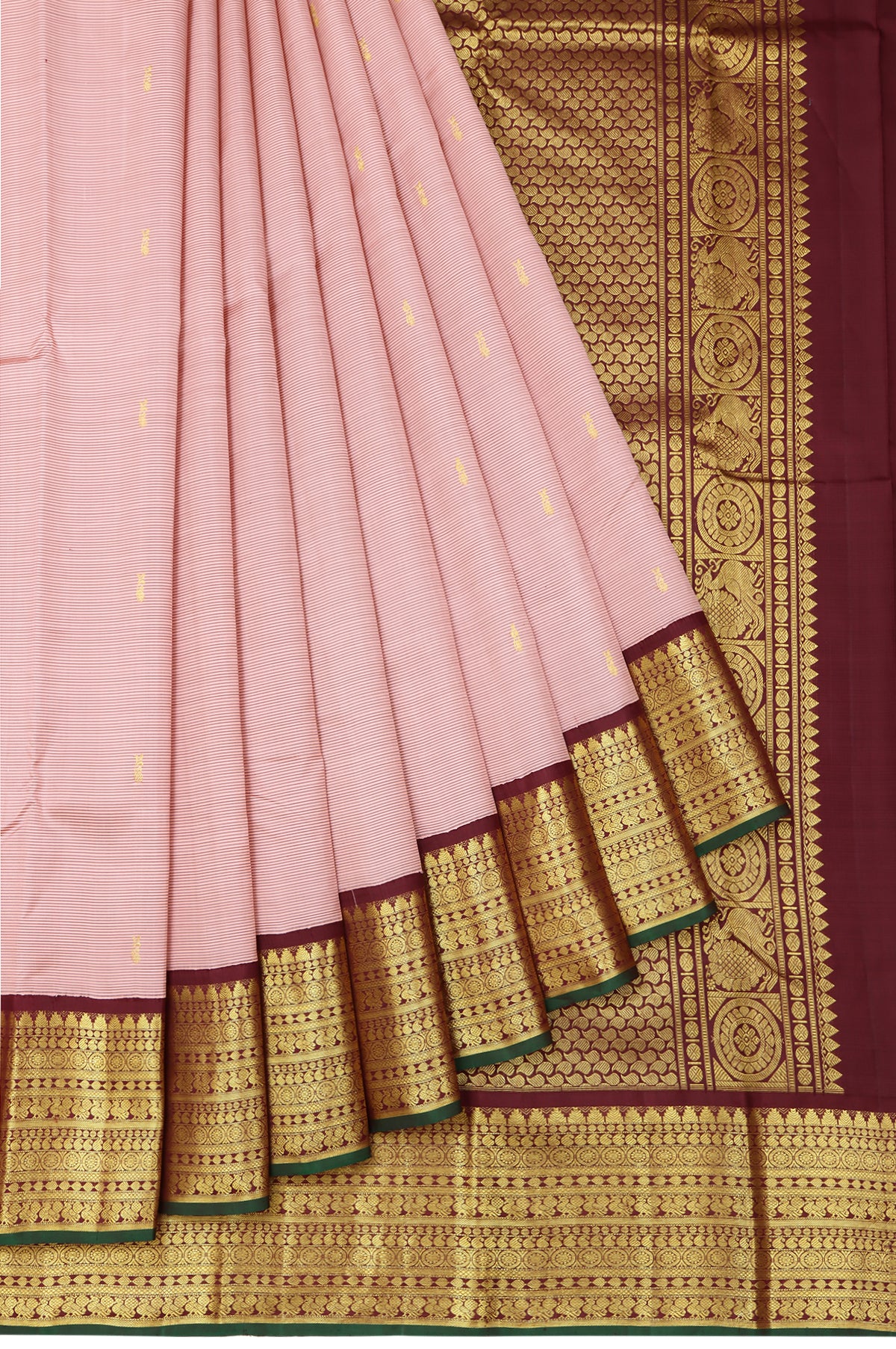 Peach Kanchipuram Silk Saree with Maroon Blouse