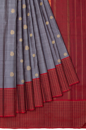 Grey Kanchipuram Silk Saree with Checked Maroon Border