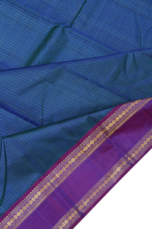 Peacock Blue Kanchipuram Silk Saree with Purple Gold Zari Chevron Pattern