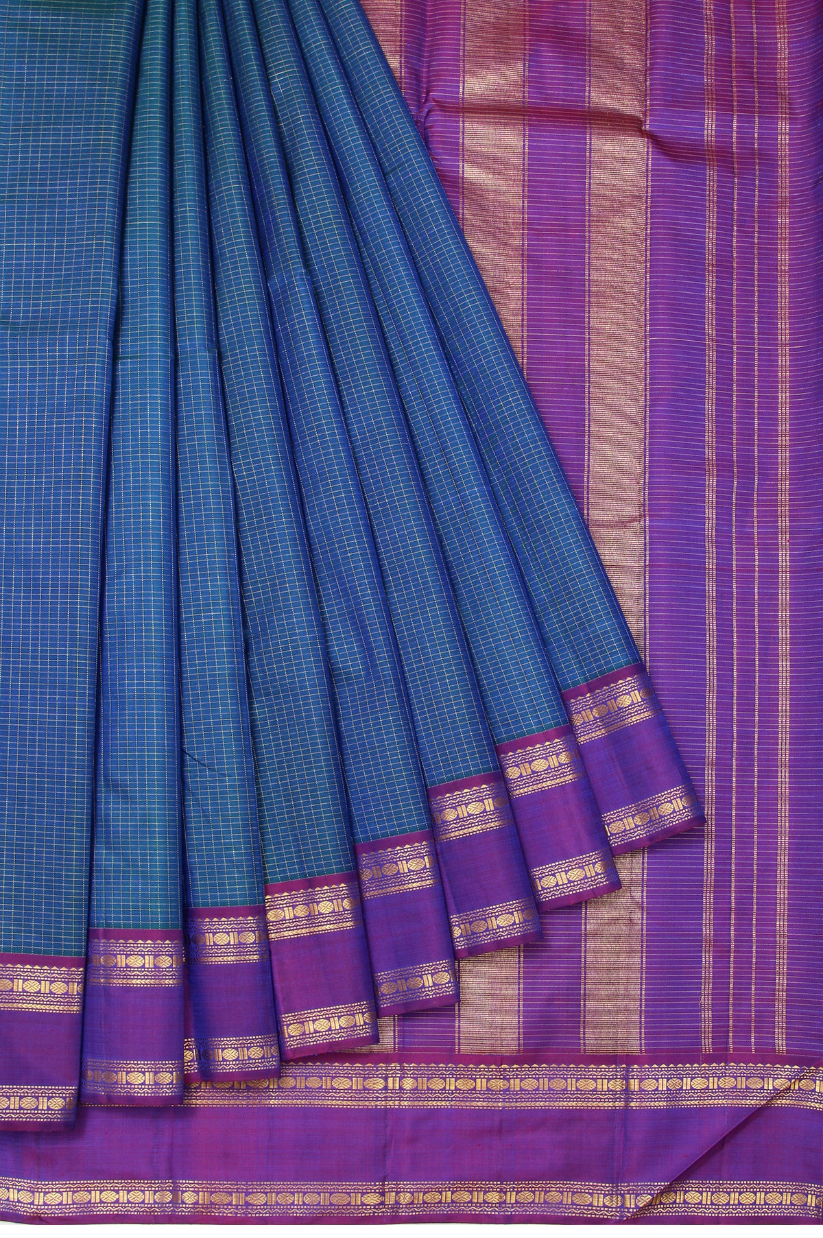 Peacock Blue Kanchipuram Silk Saree with Purple Gold Zari Chevron Pattern