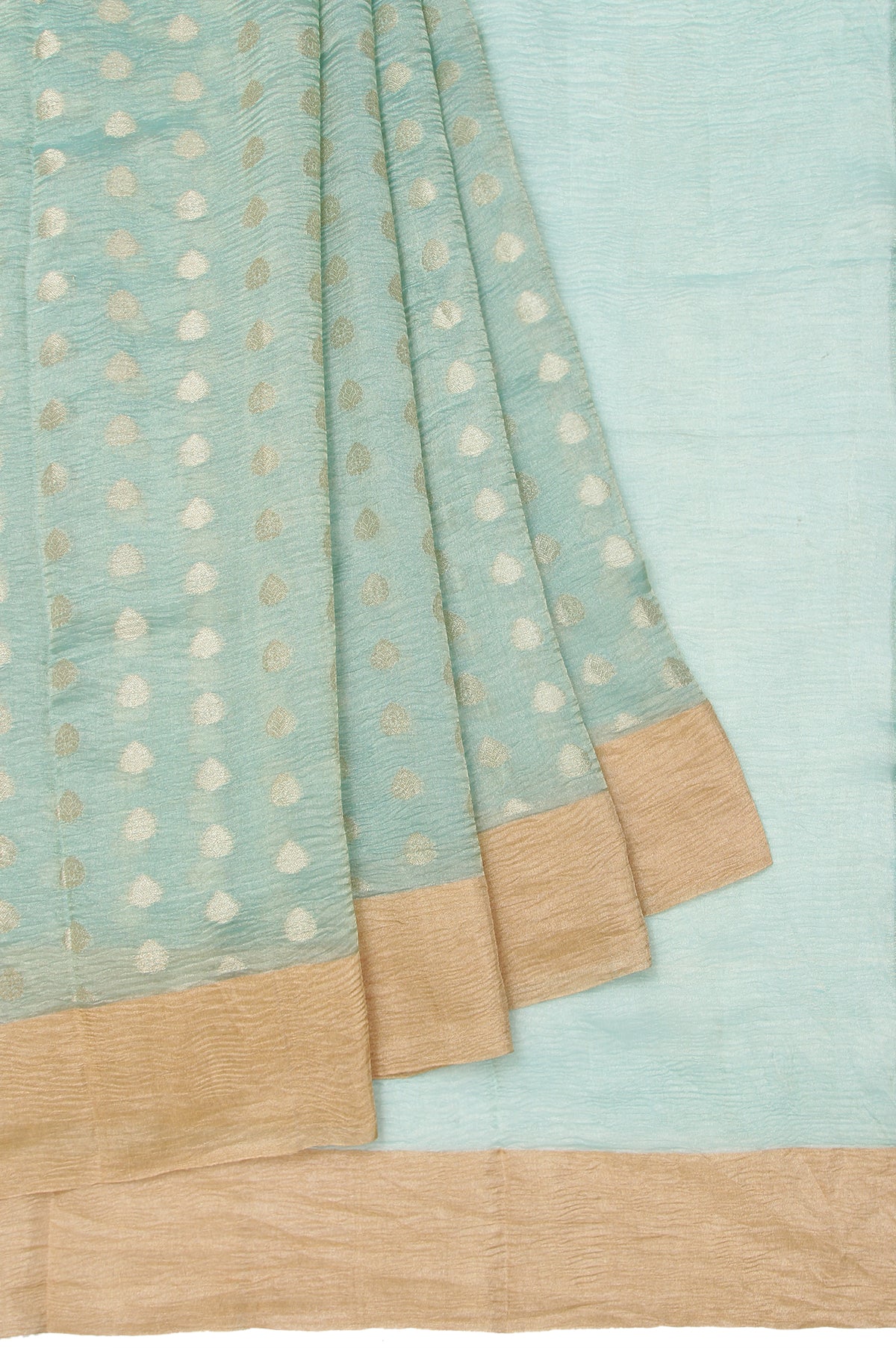 Sea Blue Organza Tissue Saree with Gold Zari Kaddi Border and Crush Flower Butta Design