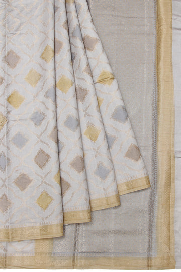 Grey Chiniya Silk Saree with Mehandi Green Border and Mughal Brocade