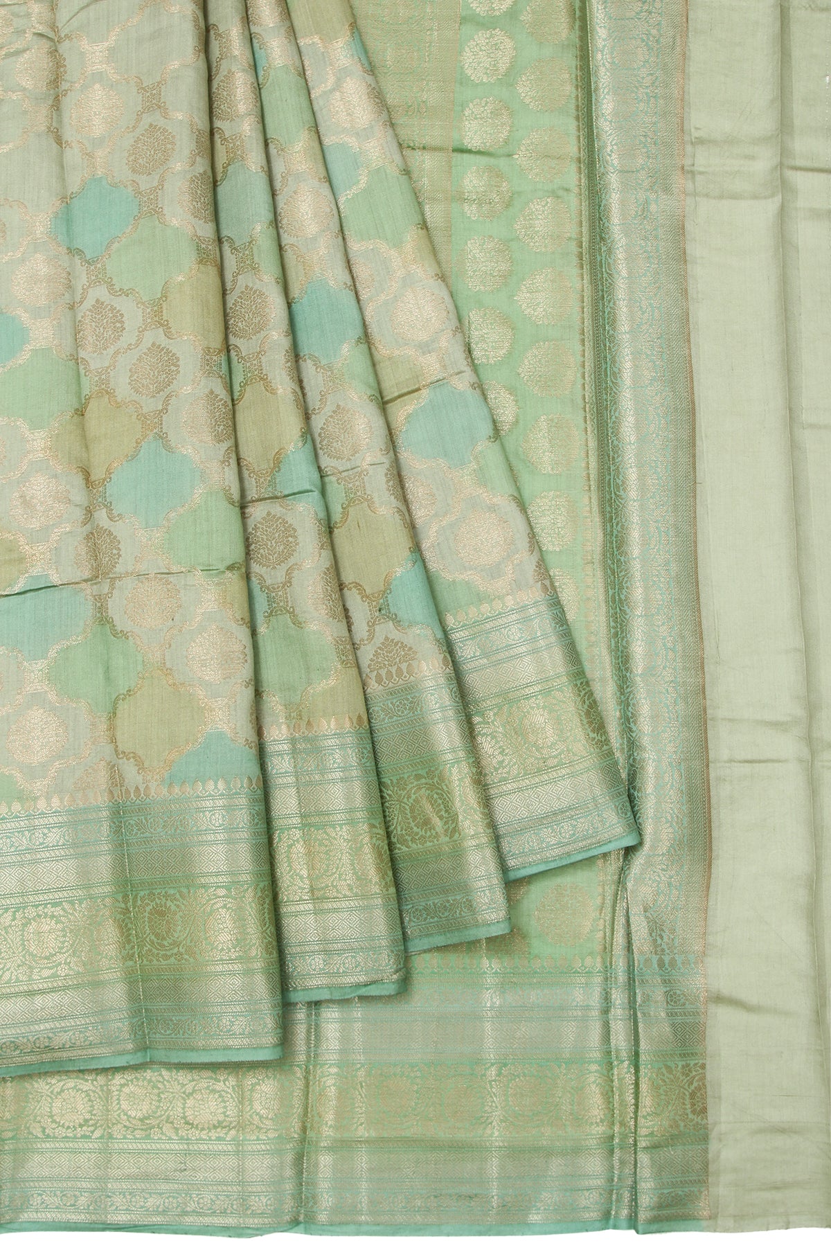 Green Chiniya Silk Saree with Gold Zari Leaf Design and Floral Creeper