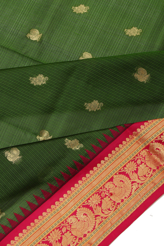 Green Kanchipuram  Silk Saree with Dark Pink Border Blouse