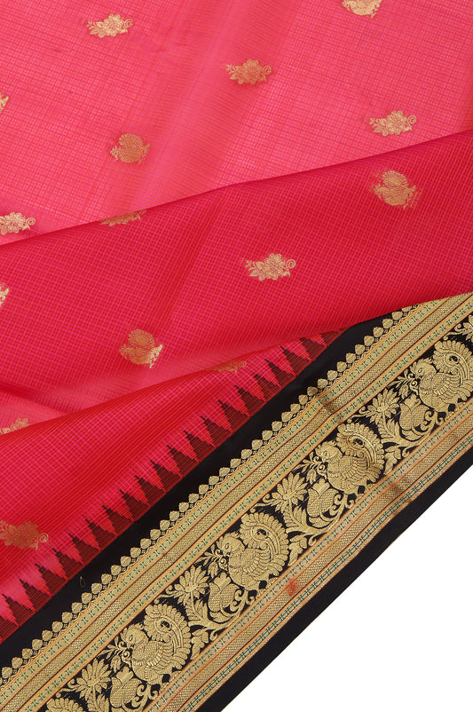 Pink Kanchi Kora Silk Saree with Black Blouse