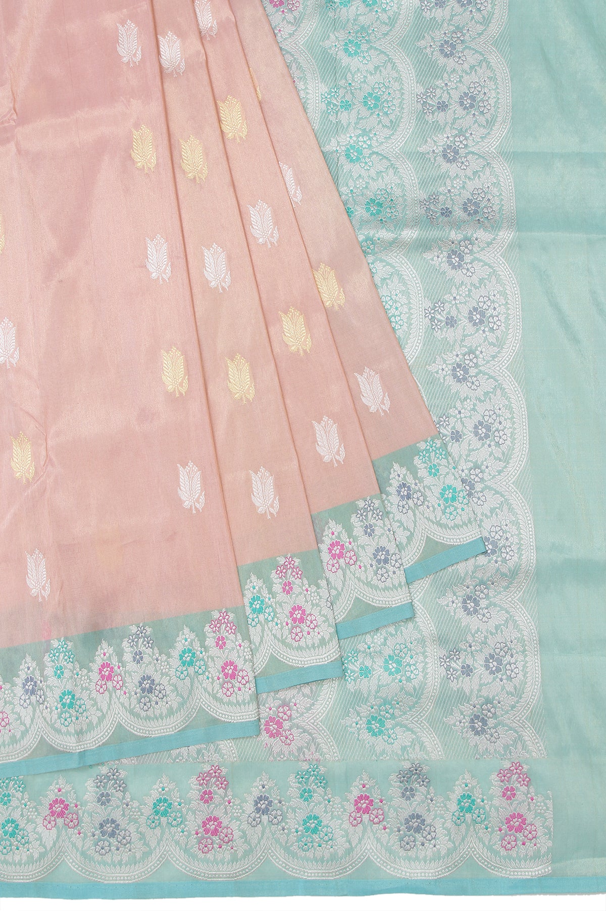 Peach Banaras Tissue Silk Saree with Sea Green Border