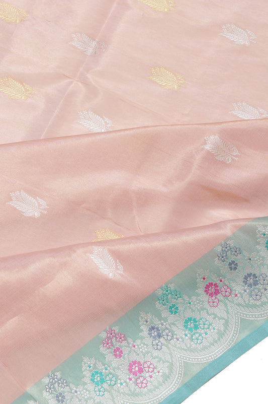 Peach Banaras Tissue Silk Saree with Sea Green Border