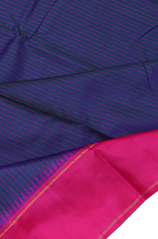 Peacock Blue Kanchipuram Saree with Pink Gold Checks