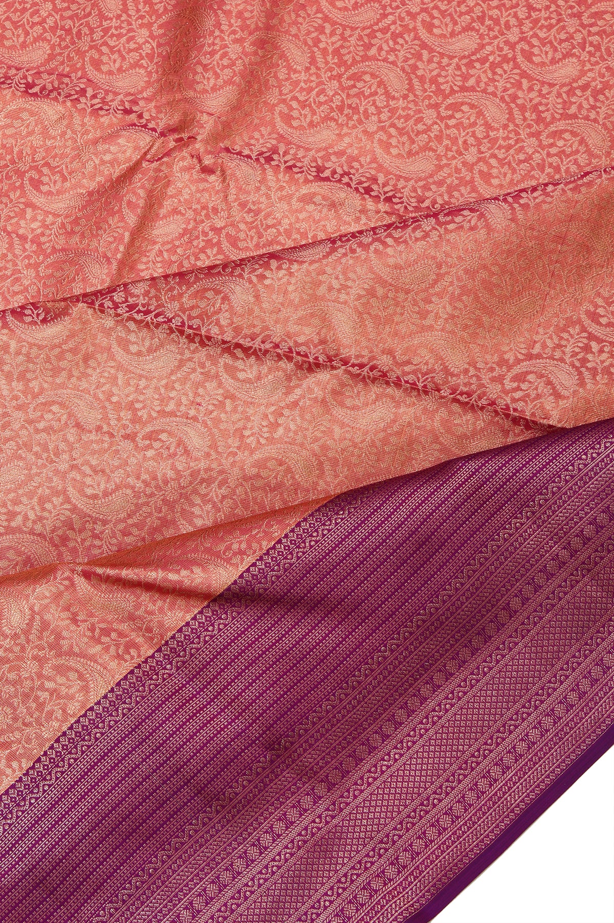 Peach Tissue Silk Saree with Violet Gold Floral Jaal