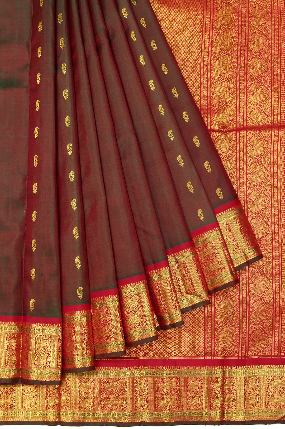 Green Kanchipuram  Silk Saree with Mango Butta and Kuttu Border