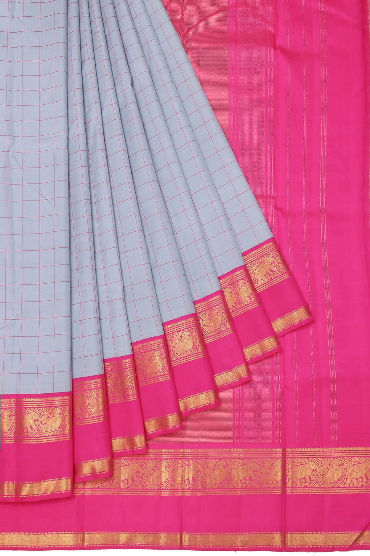 Grey Kanchipuram Silk Saree with Pink Zari Gap Border