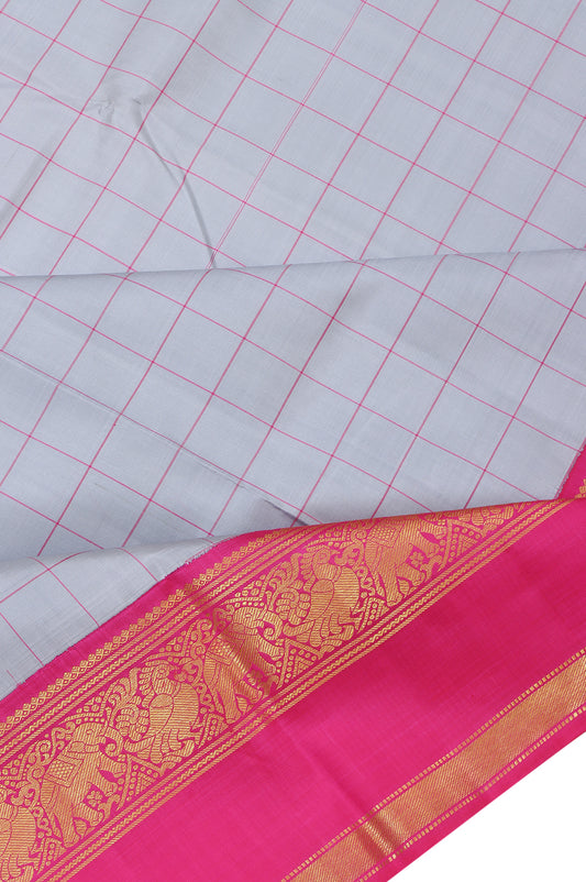 Grey Kanchipuram Silk Saree with Pink Zari Gap Border