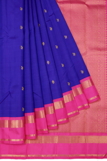 Blue Kanchipuram Silk Saree with Pink Rudraksha Butta