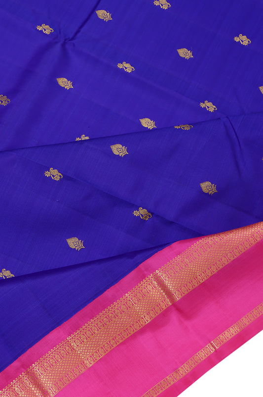 Blue Kanchipuram Silk Saree with Pink Rudraksha Butta