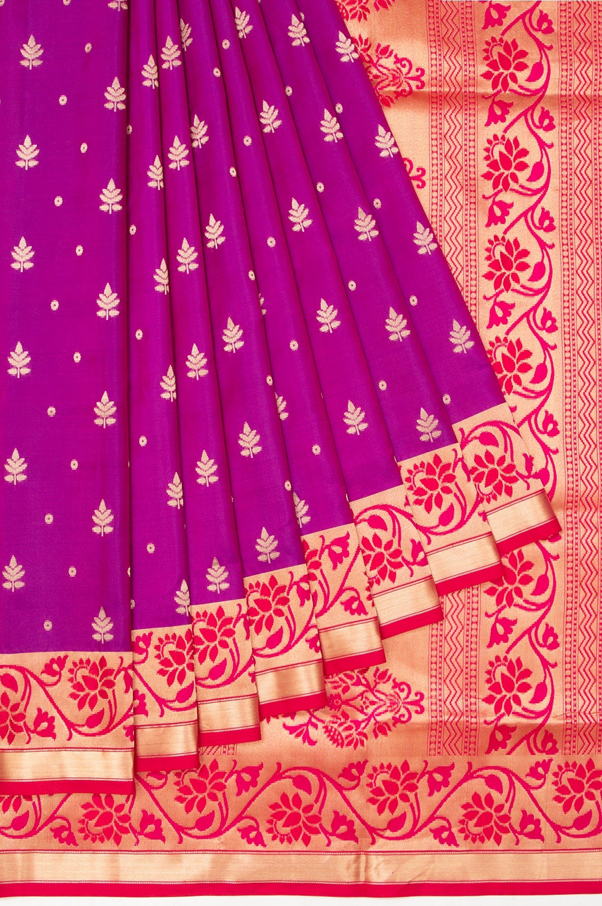 Purple Soft Silk Saree with Gold Zari and Leaf Butta