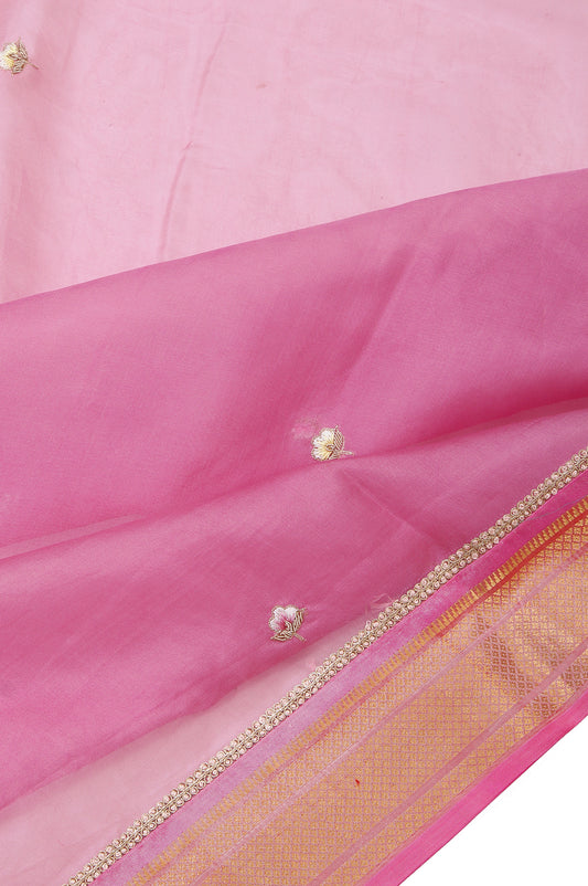 Onion Pink Organza Silk Saree with Antique Thread Work and Paithani Design