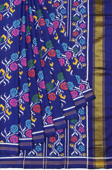 Blue Patan Patola Silk Saree with Violet Parsi Work and Flower Design
