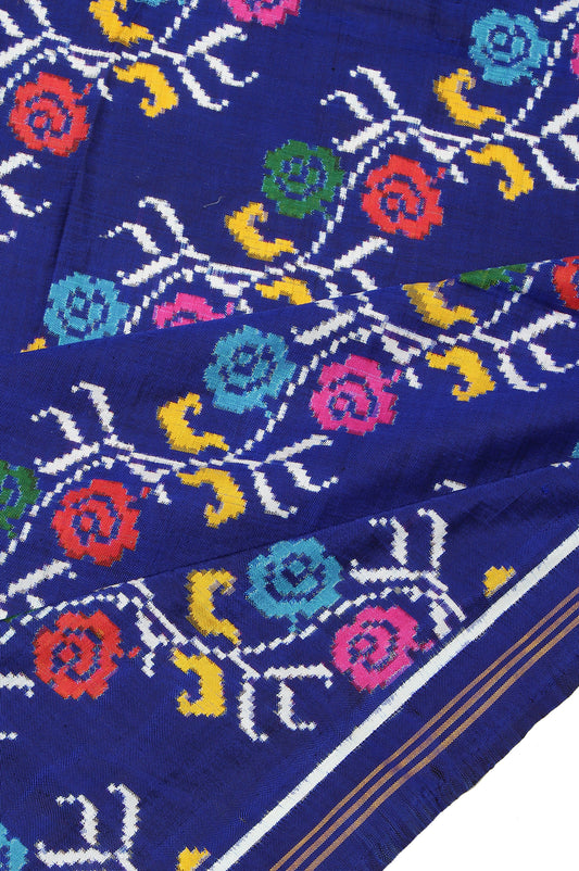 Blue Patan Patola Silk Saree with Violet Parsi Work and Flower Design