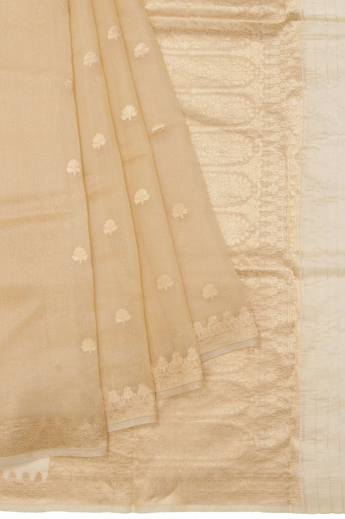 Cream Organza Silk Saree with Gold Zari Leaf Creeper and Resham Work Blouse