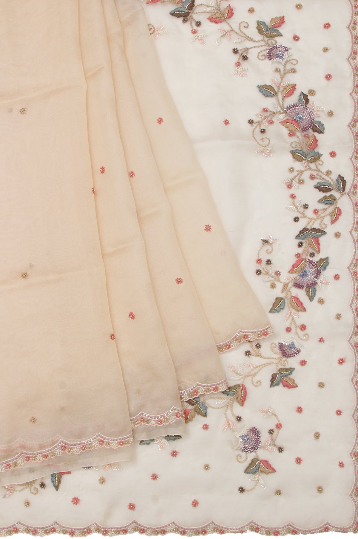 Beige Organza Silk Saree with Pearl-Encrusted Border and Thread Embroidery