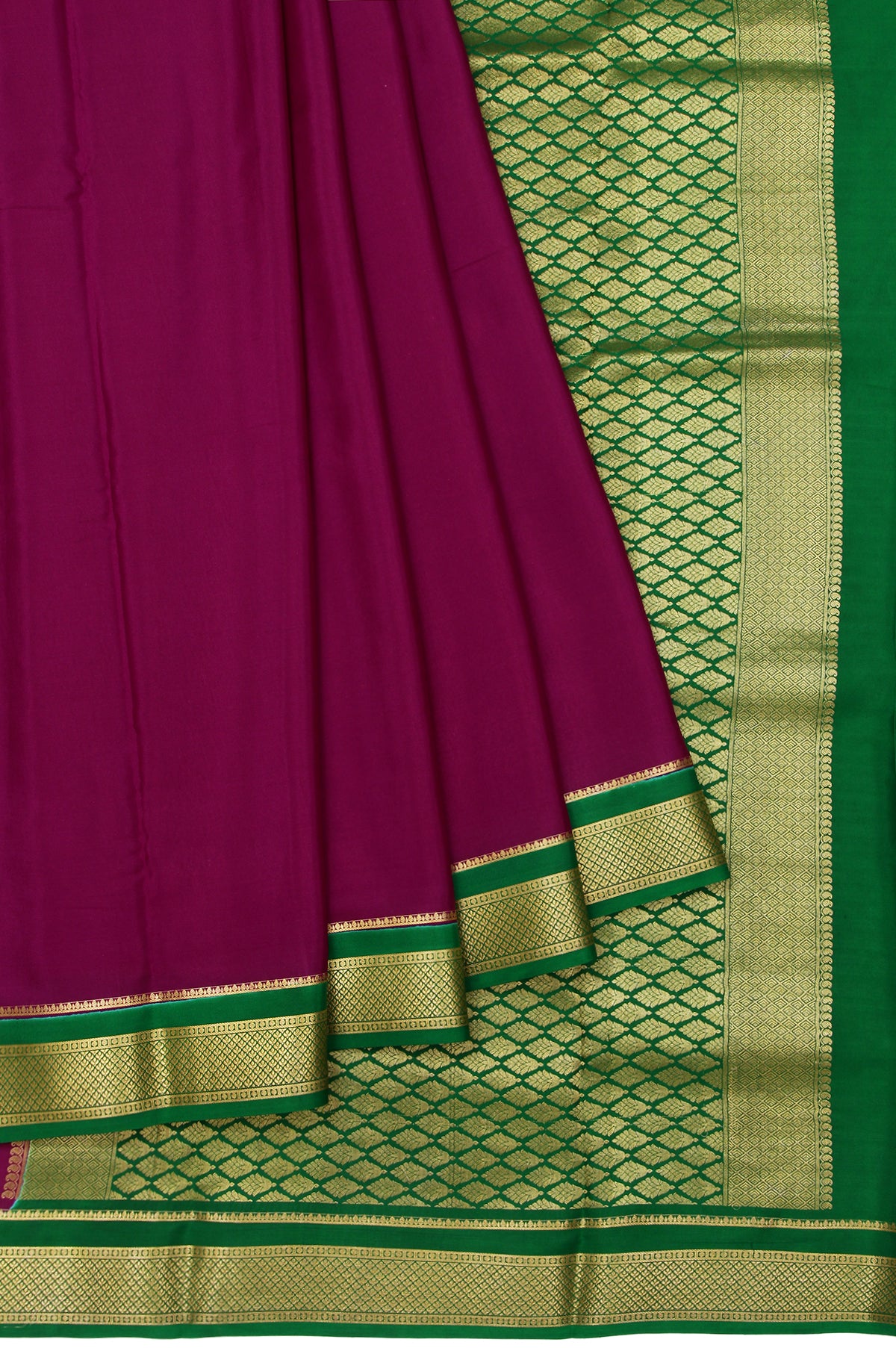 Magenta Mysore Silk Saree with Green Gold Zari and Mango Buttas