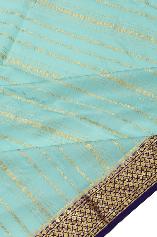 Sea Blue Mysore Silk Saree with Royal Blue Gold Zari Border