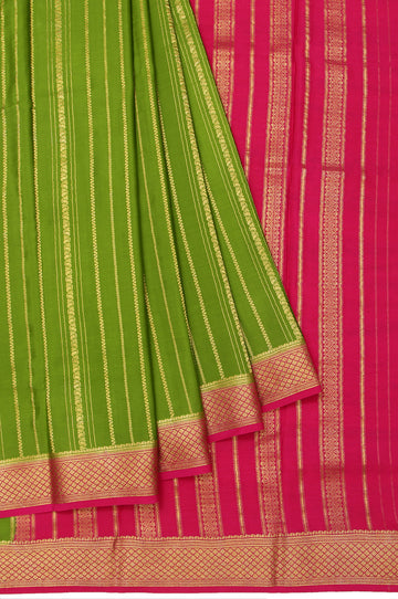 Green Mysore Silk Saree with Pink Gold Zari Stripes and Mango Buttas