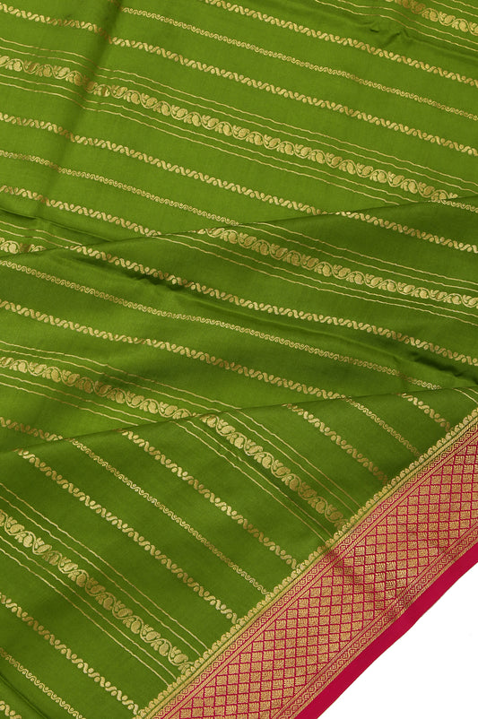 Green Mysore Silk Saree with Pink Gold Zari Stripes and Mango Buttas