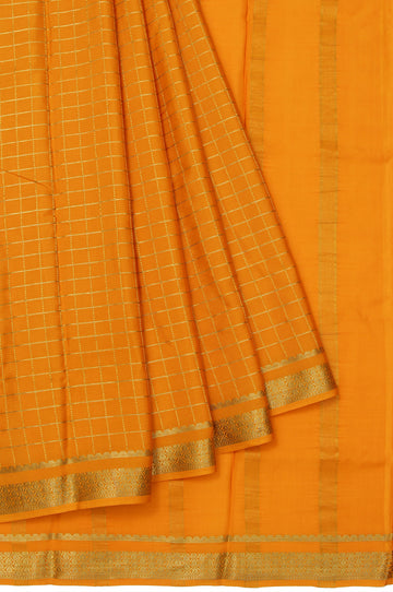 Mustard Mysore Silk Saree with Gold Zari Checks and Simple Border