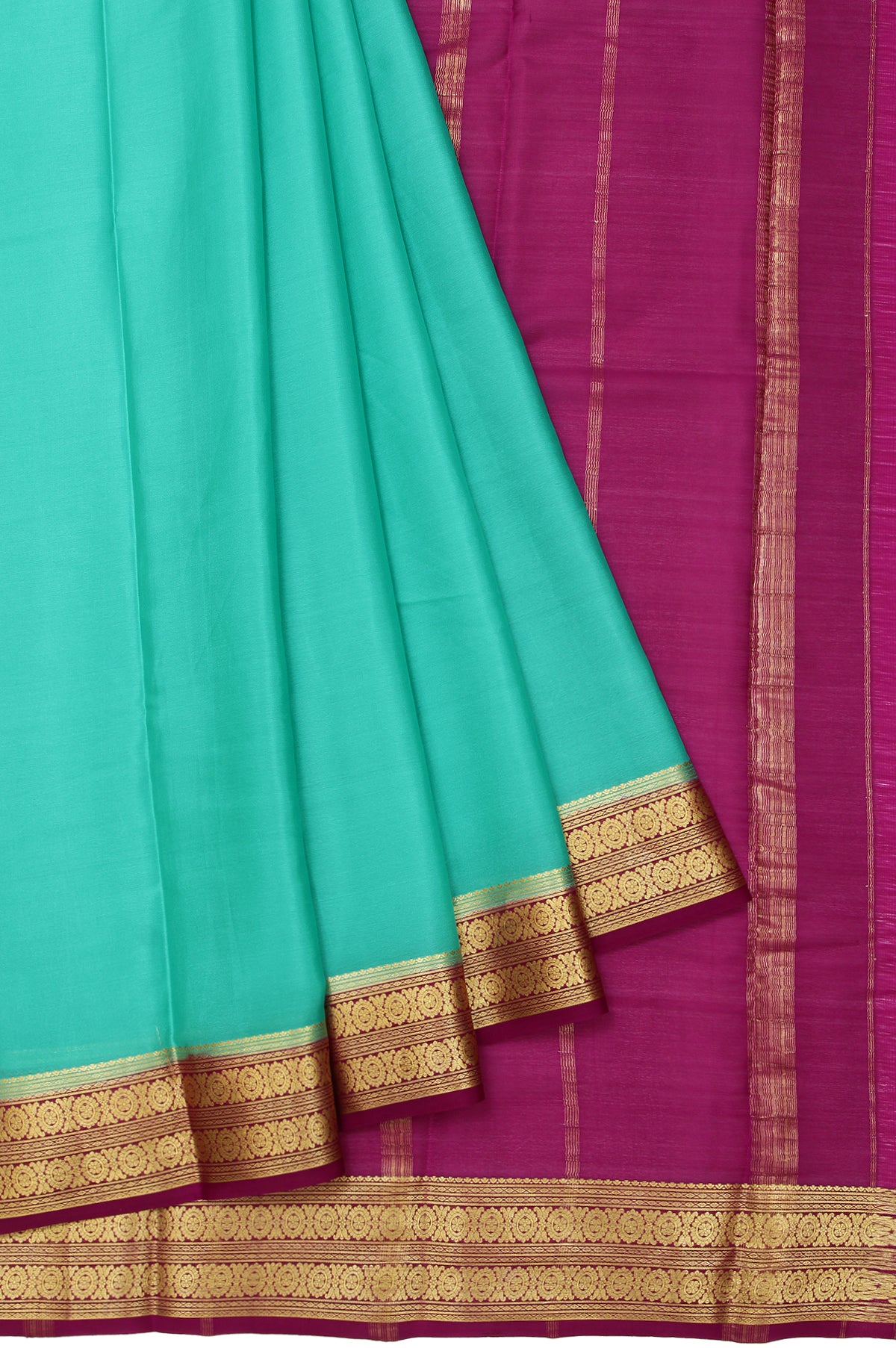 Green Mysore Silk Saree with Contrast Gold Zari and Purple Buttas