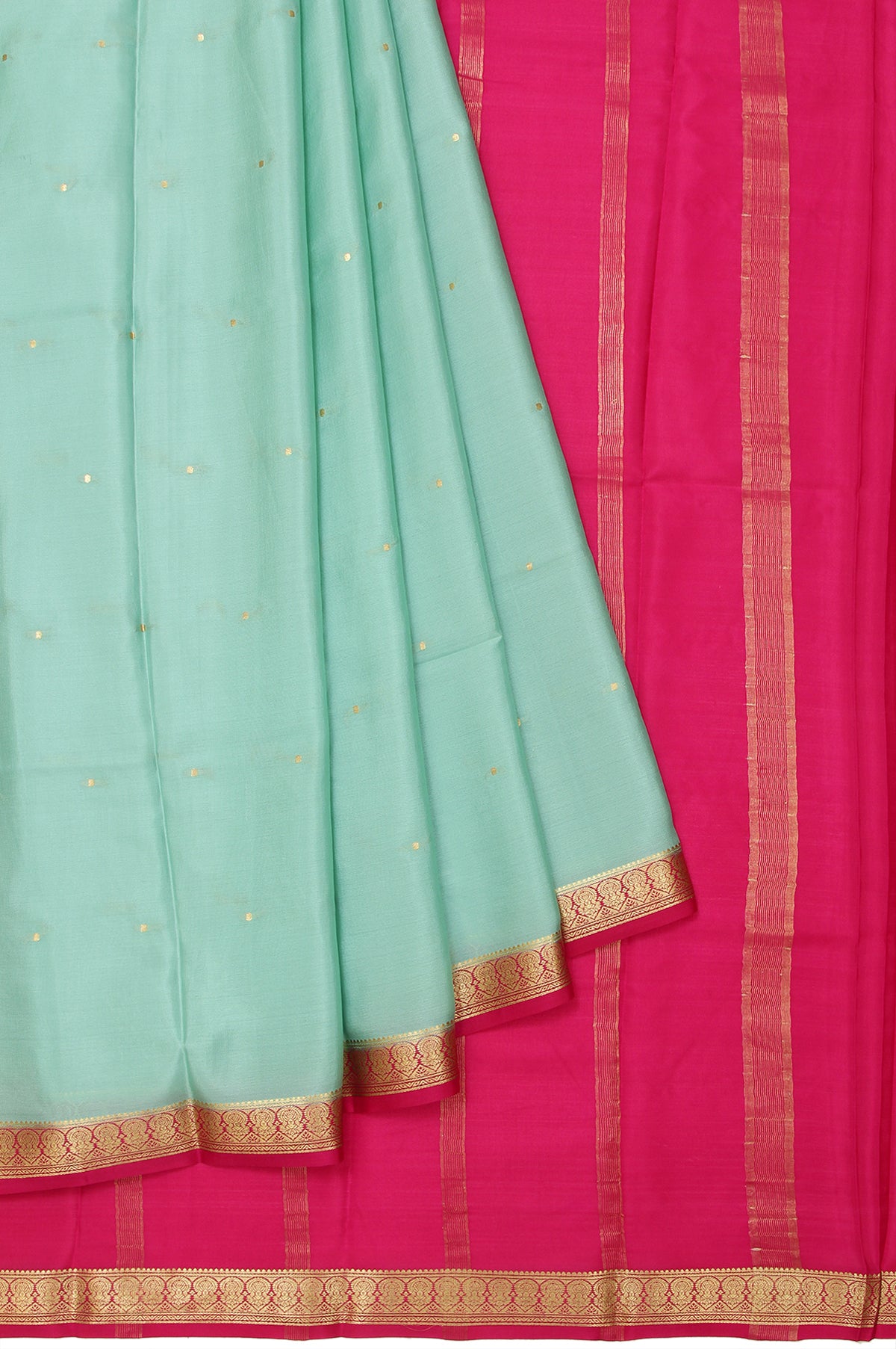 Pista Green Mysore Silk Saree with Pink Gold Zari and Leaf Buttas