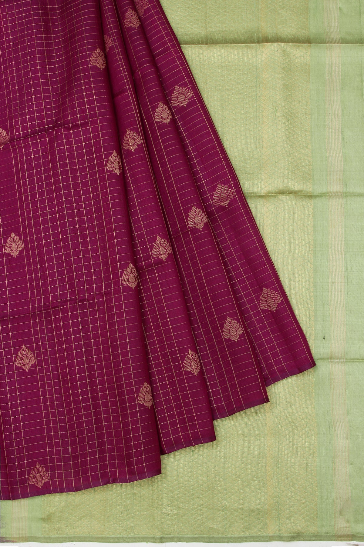 Magenta Kanchi Kora Silk Saree with Pista Green Pallu and Gold Zari Diamond Checks