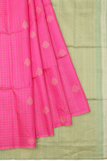 Pink Kanchi Kora Silk Saree with Pista Green Pallu and Gold Zari Checks