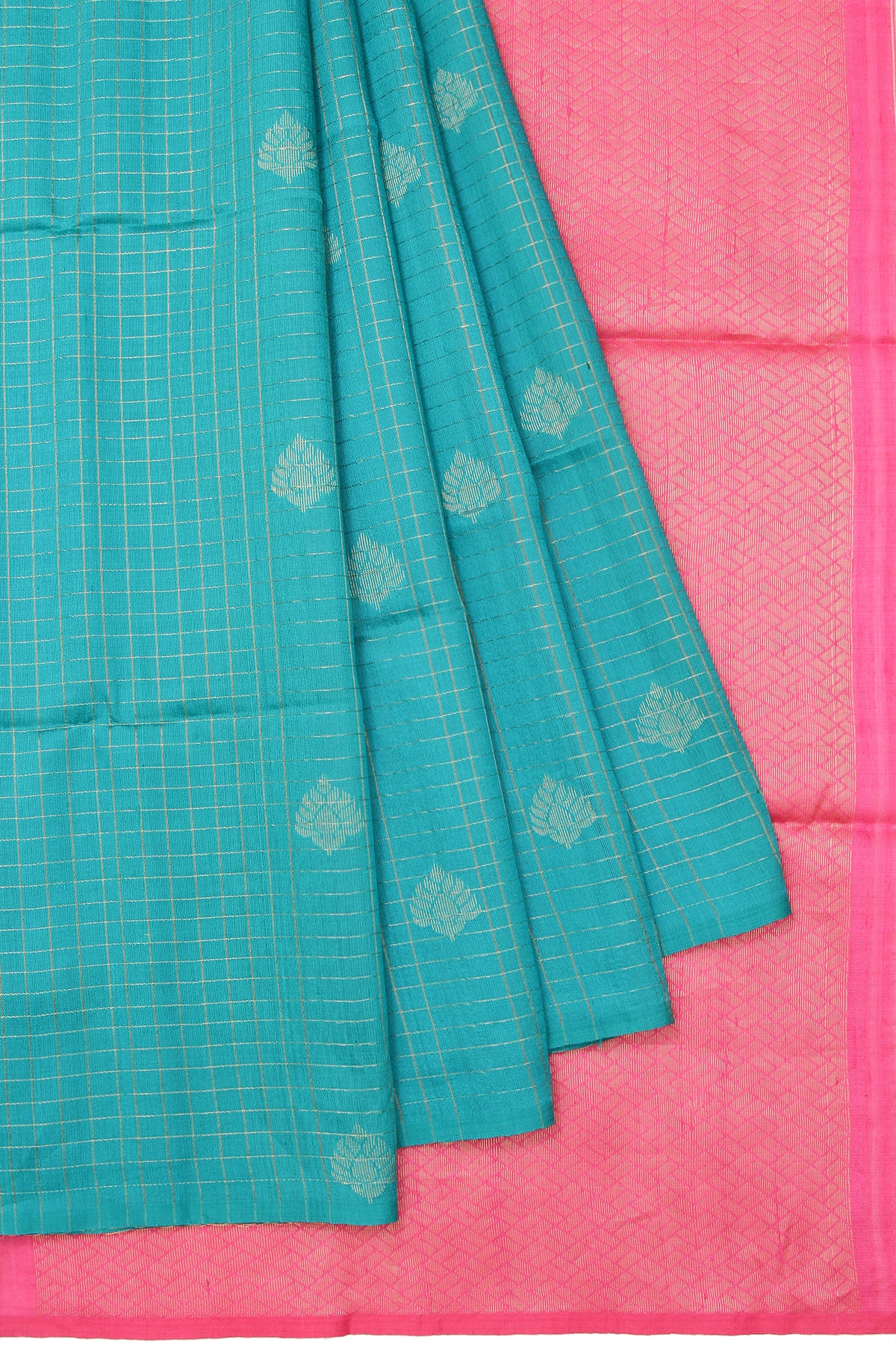 Sea Green Kanchi Kora Silk Saree with Pink Pallu and Gold Zari Checks