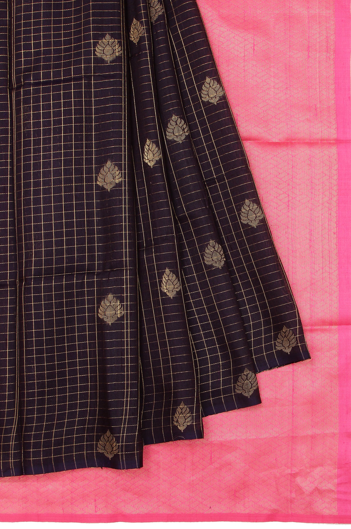 Navy Blue Kanchi Kora Silk Saree with Pink Pallu and Gold Zari Checks