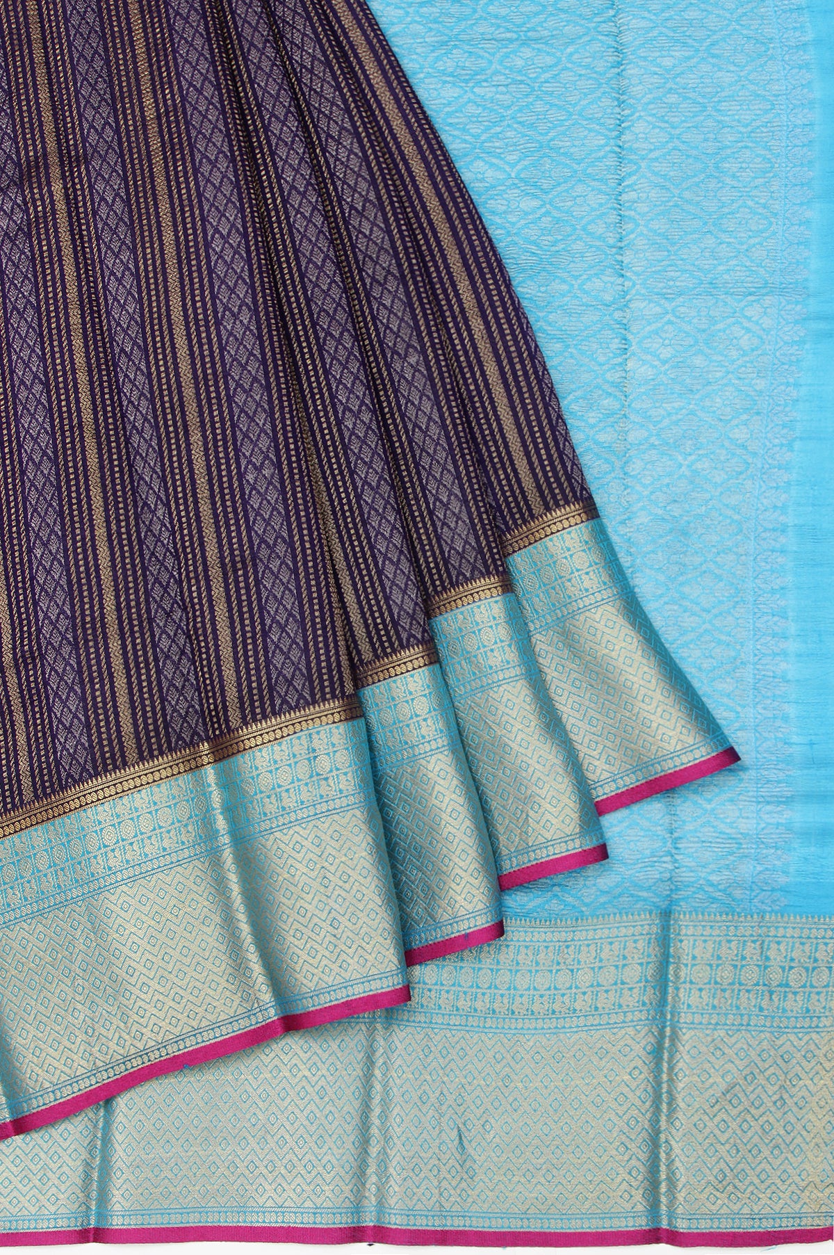 Navy Blue Kanchi Kora Silk Saree with Sky Blue Pallu