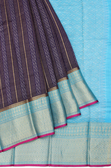 Navy Blue Kanchi Kora Silk Saree with Selvedge Pink Border