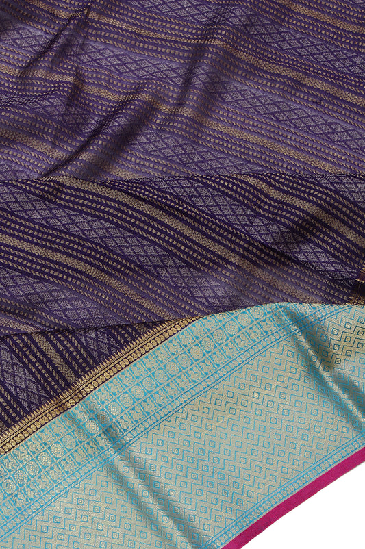 Navy Blue Kanchi Kora Silk Saree with Selvedge Pink Border