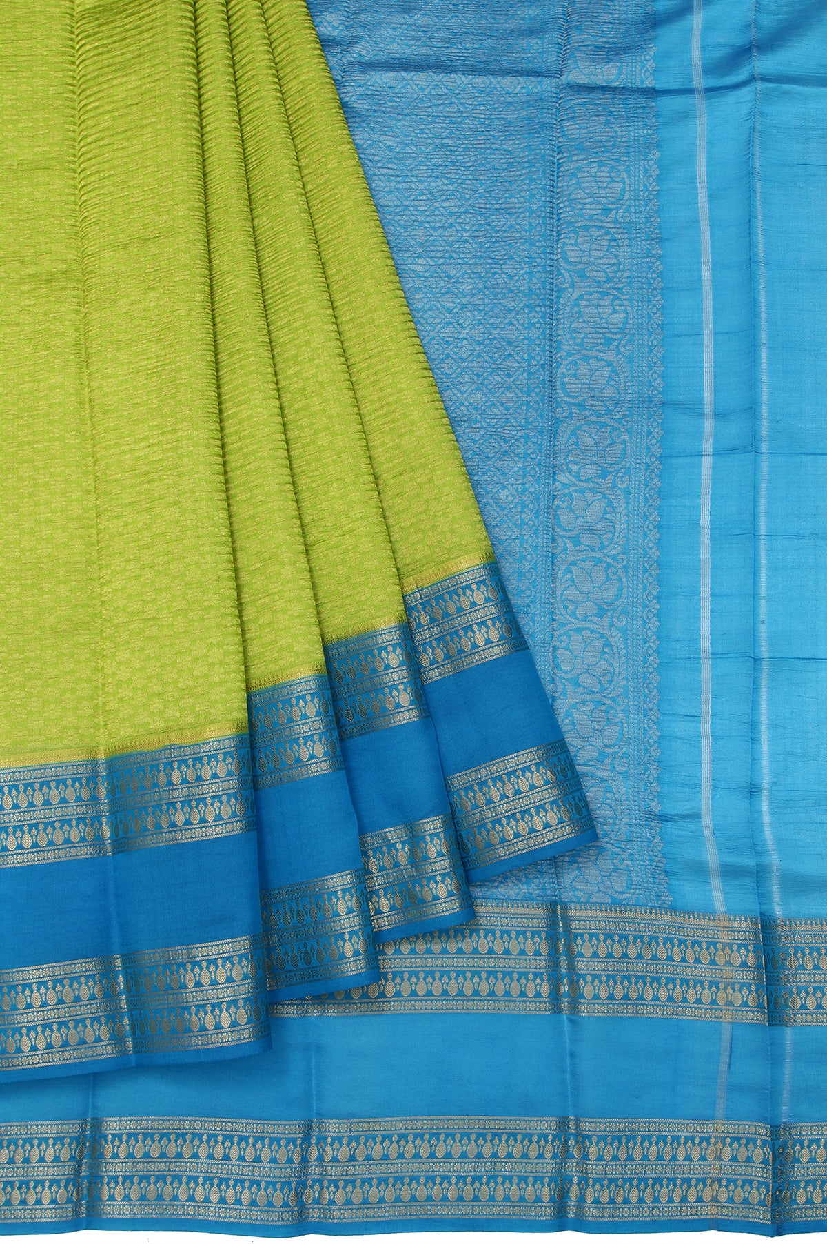 Parrot Green Kanchi Kora Saree with Blue Gold Butta