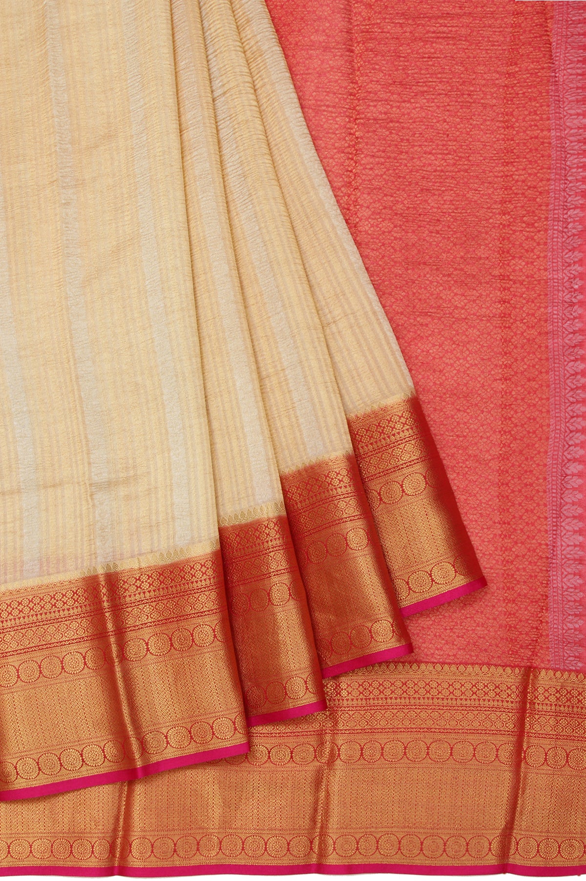 Sandal Kanchi Kora Silk Saree with Plain Bordered Red Blouse