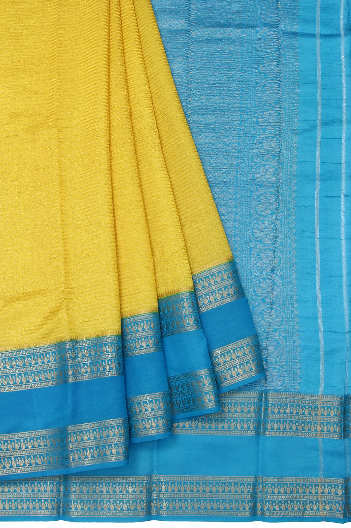 Yellow Kanchi Kora Saree with Blue Gold Zari Butta