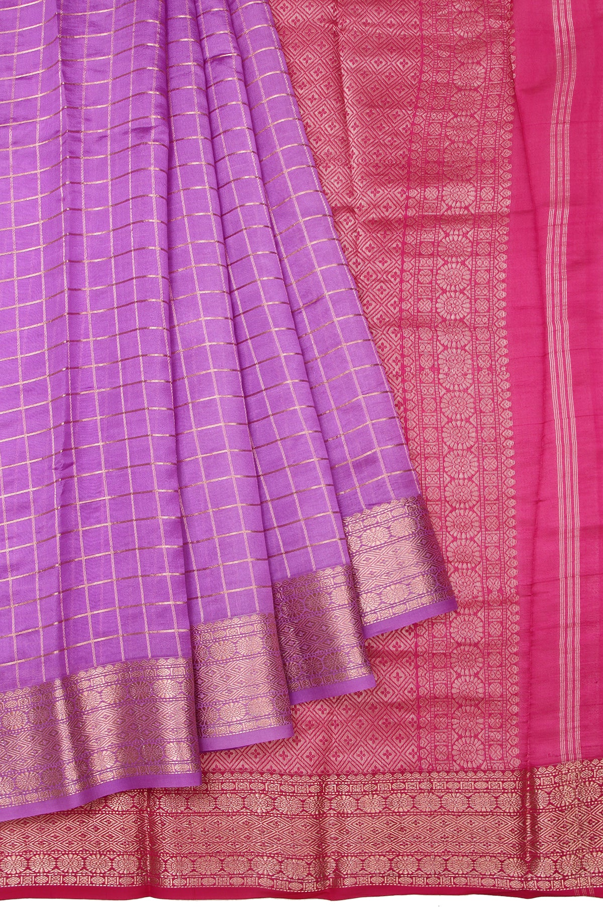 Lavender Kanchi Kora Silk Saree with Gold Zari Rudhraksha Butta and Diamond Checks