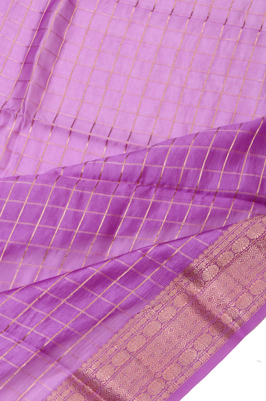 Lavender Kanchi Kora Silk Saree with Gold Zari Rudhraksha Butta and Diamond Checks