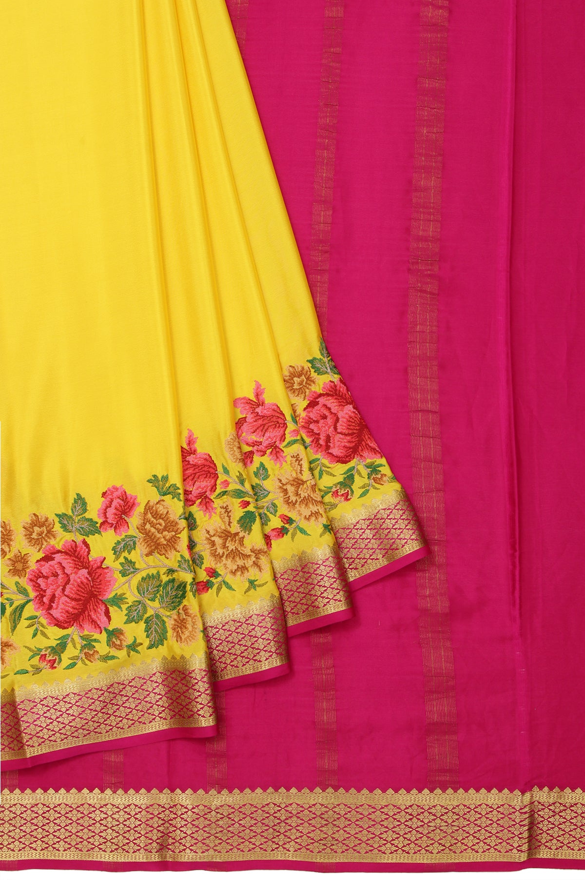 Yellow Mysore Silk Saree with Pink Gold Floral Jaal