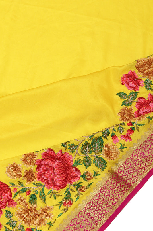 Yellow Mysore Silk Saree with Pink Gold Floral Jaal