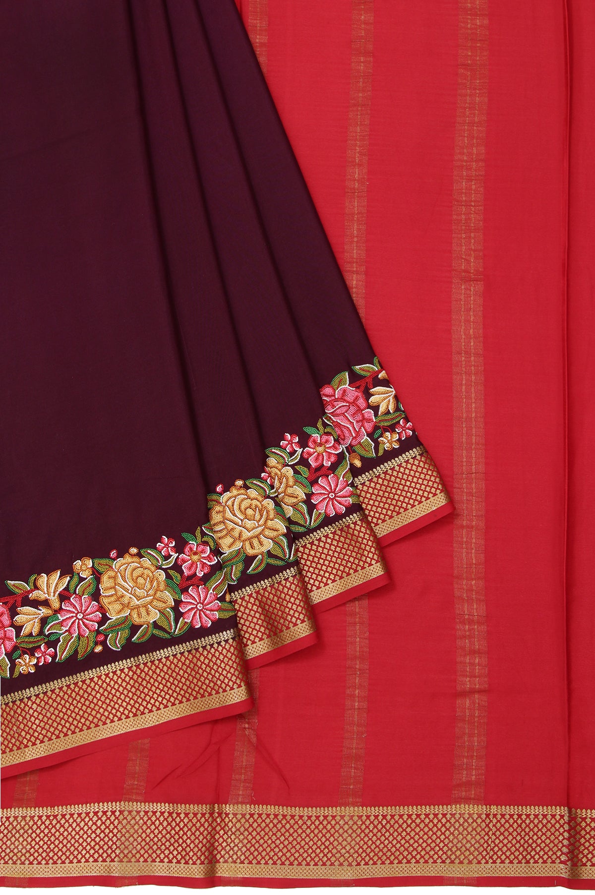 Violet Mysore Silk Saree with Maroon Gold Zari