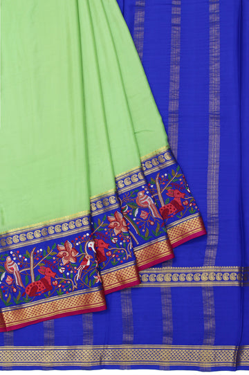 Parrot Green Mysore Silk Saree with Dark Blue and Gold Zari Floral Jaal