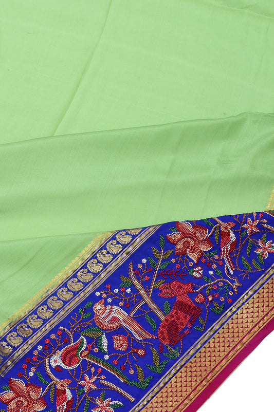 Parrot Green Mysore Silk Saree with Dark Blue and Gold Zari Floral Jaal