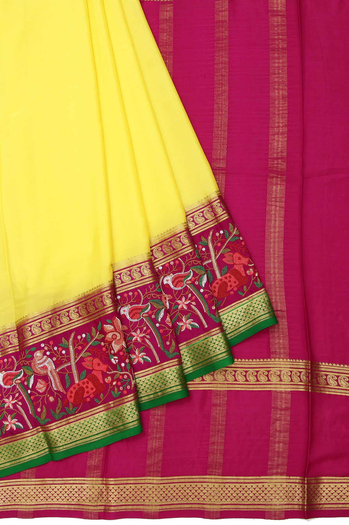 Yellow Mysore Silk Saree with Green and Purple Zari