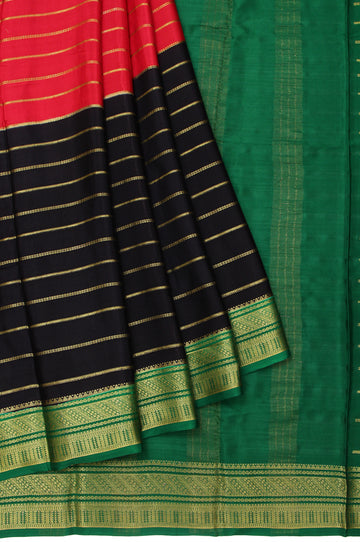 Multi-Color Mysore Silk Saree with Green Gold Zari and Red-Black Stripes